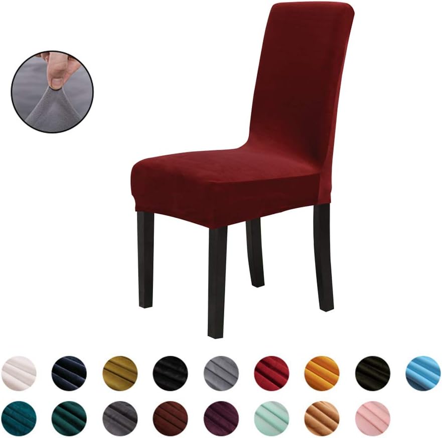 Chickwin Chair Covers for Dining Chair 2/4/6PCS, Solid color Universal High Back Stretch Velvet Chair Cover for Party Room Spandex Removable Washable Chair Cover Slipcovers (6 PCS,Red wine)