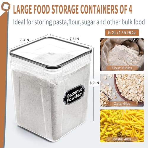 Large Tall Airtight Food Storage Containers with Lids, 4 PCS 5.2L, Kitchen Pantry organizers and storage, PRAKI Kitchen Storage Containers Set for Cereal, Flour & Baking Supplies with Labels & Marker