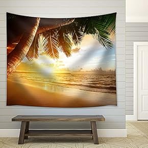 Tropical Beach with Palm Trees at Sunset - Fabric Tapestry, Home Decor - 51x60 inches