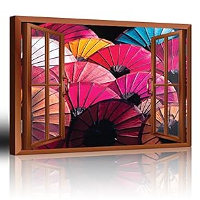 Modern Copper Window Looking Out Into Colorful Japanese Umbrellas - Canvas Art Home Art - 24x36 inches