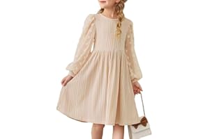 DOKOTOO KIDS Girls Fall Long Sleeve Knit Dresses Casual Crewneck Swiss Dot A-line Dress 6-15 Years
