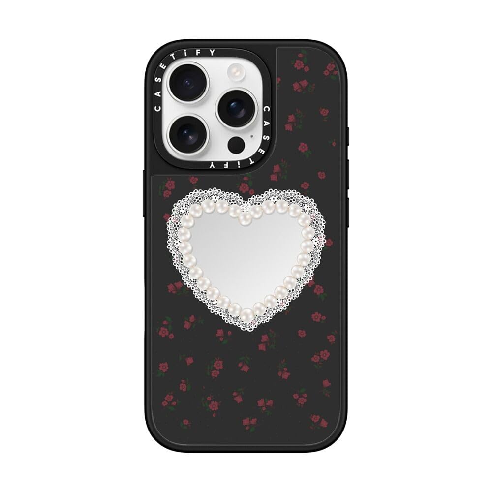 CASETiFY Mirror iPhone 16 Pro Case [Reflective / 4.9 ft. 1X Military Grade Drop Protection/Compatible with Magsafe] - Gothic Pearly Heart - Silver on Black