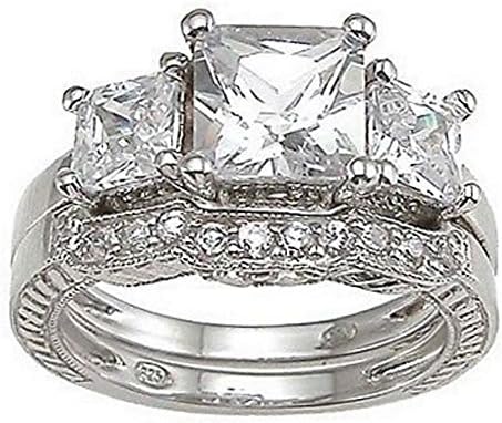 4.8 ct. Sterliing Princess Cut 3 Stone Cubic Cz Simulated Diamond Bridal Wedding Engagement Ring Set (7)