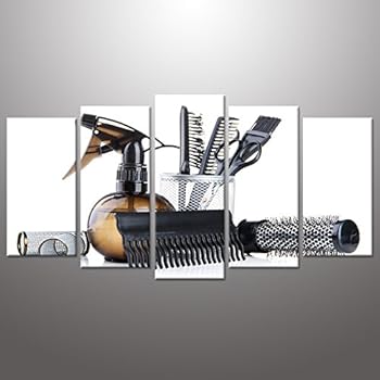 iHAPPYWALL Canvas Wall Art Large 5 Piece Baber Shop Sign Barber Pole Scissors Tools Hairstyle Haircut Emblem Symbol Picture Print On Canvas for Salon Room Stretched and Framed