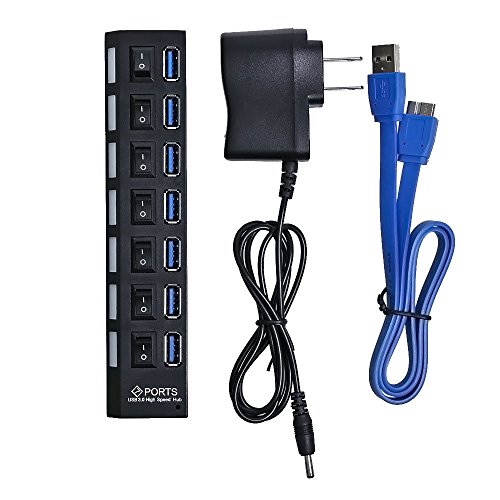 Black 7 Port USB 3.0 Hub with On/Off Switch + AC Power Adapter Cable For Desktop Laptop PC