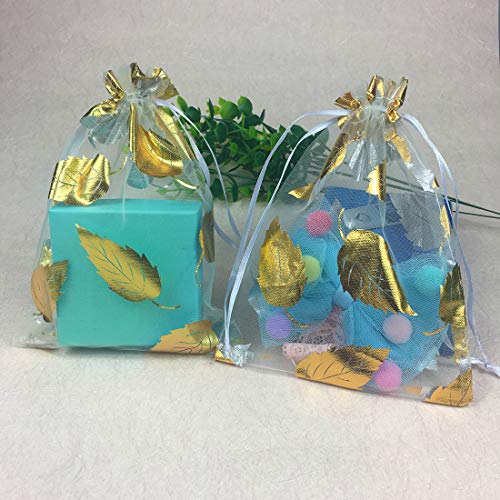 COTOSEY 100PCS 5x7 (13x18cm) Drawstring Organza Jewelry Favor Pouches Wedding Party Festival Gift Bags Candy Bags (5x7, White-Gold Leaf)