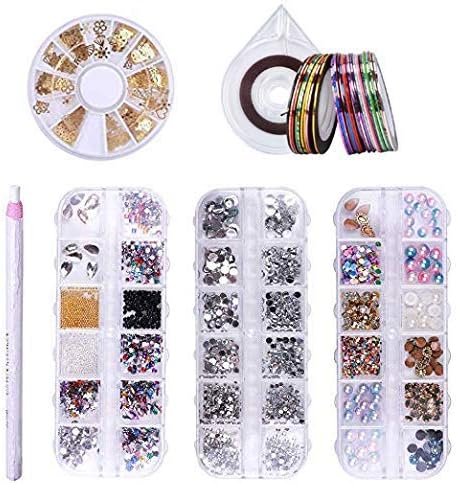 LIARTY 3D Nail Art Set Acrylic Nail Kit with 4 Boxes of Rhinestones/Crystals/Acrylic Pearl/Nail Beads Decorations 30Pcs Striping Tape Line 1 Striping Tape Case 1 Nail Rhinestone Dotting Pen