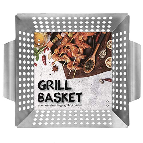 Ranphykx Vegetable Grill Basket - Safe/Clean Porcelain Enameled BBQ Grilling Basket (Large 12"x12"x3") for Veggies, Kabobs, Seafood, Meats - Stainless Steel - Thumbnail 7