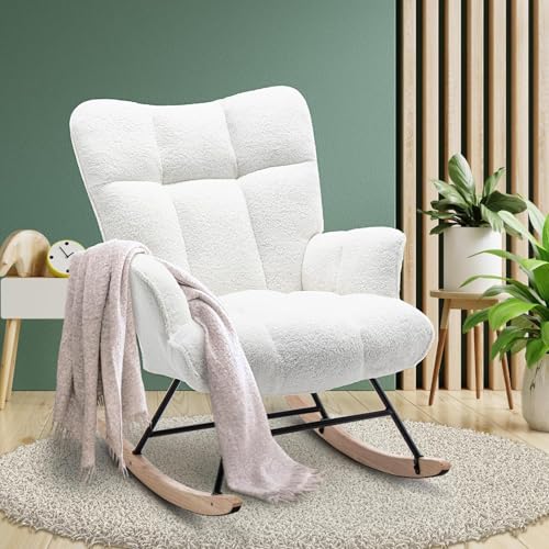 SAETSFEG Rocking Chair Nursery Teddy Upholstered Glider Rocker Chair Padded Seat with High Backrest Armchair Comfy Nursing Chair Indoor for Living Room Bedroom, White