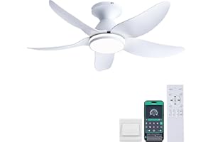 Kviflon Ceiling Fans with Lights and Remote/APP Control, 38 inch Low Profile Flush Mount Ceiling Fans with 5 Reversible Blades 6 Speeds, 3 Colors Dimmable+Ring Lights for Bedroom Dining Room, White