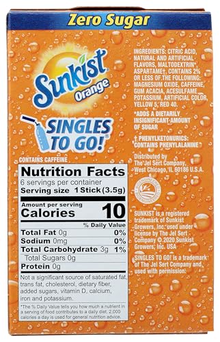 SUNKIST, POWDERED DRINK MIX STICKS ZERO SUGAR SINGLES TO GO ORANGE 6 COUNT, 0.74 OUNCE