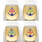 Set of 4 Shatterproof Designer 16 oz Plastic Wine Glasses MADE in the USA (LAKE LIFE)