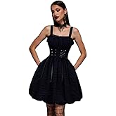DRESSFO Gothic Dress Vintange Victorican Lolita Knit Ruched Lace Up Ruched Bubble Tank Dress