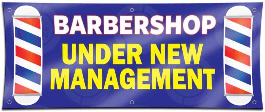 Amazon Com Barbershop Under New Management Banner 3ft X 9ft Blue Barber Vinyl Display Hair Salon Poster Lounge Open Sign Office Products
