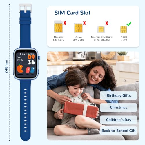 AIMIUVEI 4G Montre Connectée Enfants avec Appels, Appels Vidéo, Chat Vocal, WiFi, GPS, SOS, SMS, Étanche IP68, Mode École et Podomètre, Smartwatch Enfants avec Écran HD 1,83'' Bleu