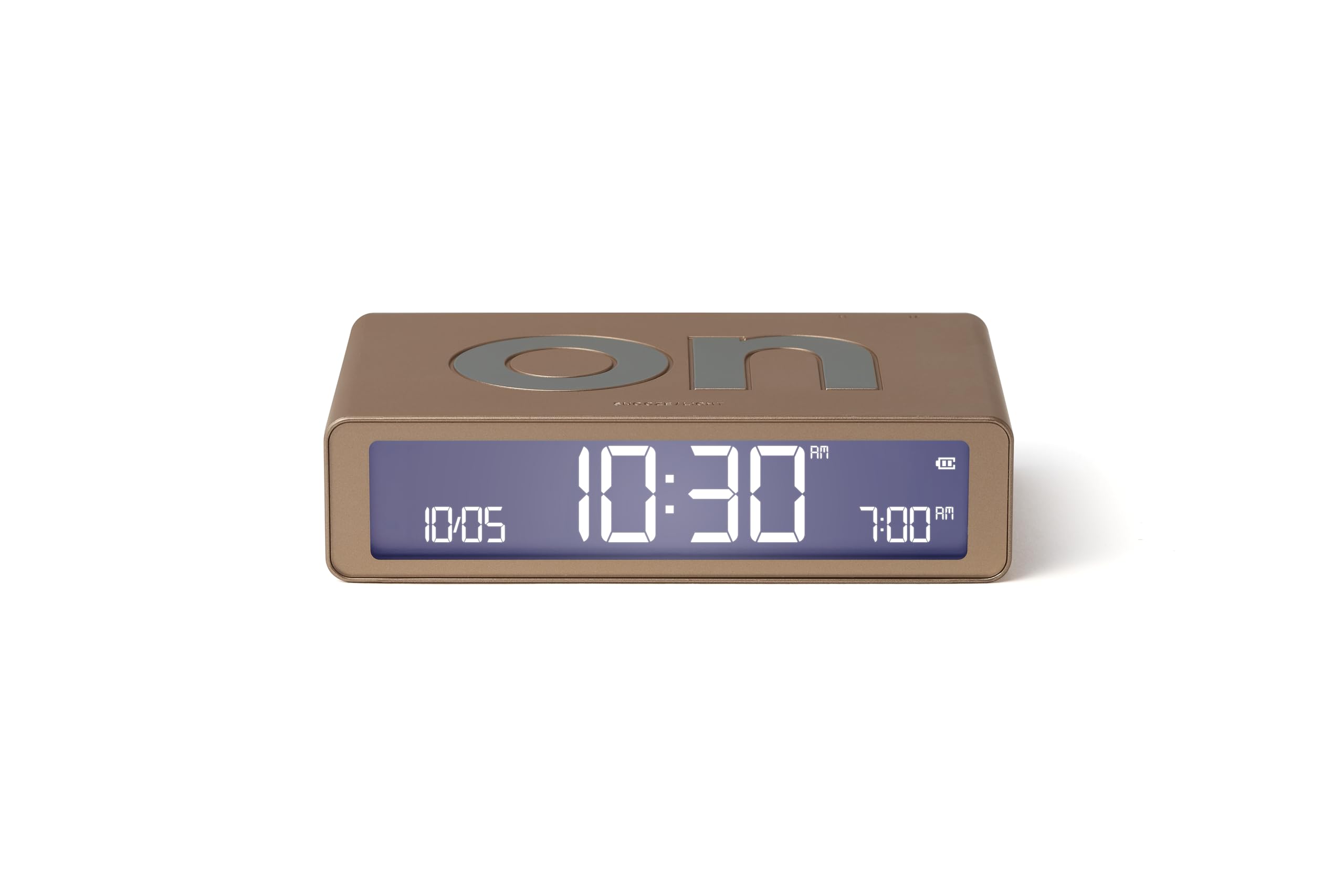 Lexon Flip Classic Digital Alarm Clock with Reversible On/Off Faces, Rechargeable bedside clock with LCD display, Touch Sensor for Snooze & Light function - Soft Gold