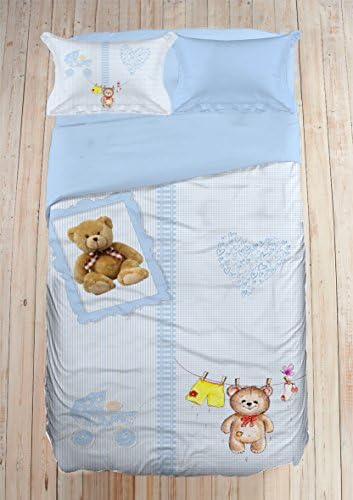100% Cotton Duvet Cover Set - Toddler Bedding Set 4 Pieces - 3D Printed Baby Bedding Linens - Made in Turkey (Blue Teddy Bear 2)