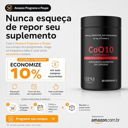 Coenzima Q10 200mg Ubiquinona com Vitamina E 10mg ELLYM NUTRITION Alta Concentração 120 Capsulas