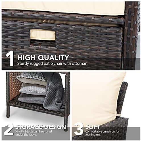 LeveLeve 5 Piece Patio Conversation Set, PE Wicker Rattan Outdoor Lounge Chairs with Soft Cushions 2 Ottoman&Glass Table for Porch,Pool Balcony, Lawn-Brown Wicker (Sand)