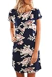 JustVH Women's Fall Floral Print Crew Neck Short Sleeve Casual A-Line T-Shirt Dress