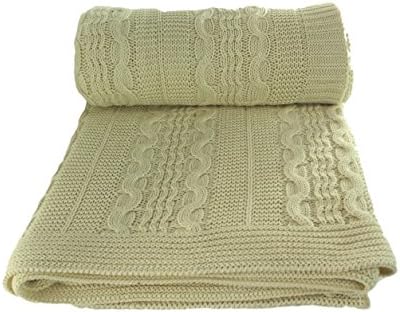 Aztocratic Beige 100% Cotton knitted throws for couch and bed, classy design and elegant throws for indoor and outdoor use; knit crochet sweater texture, warm holiday gift for you