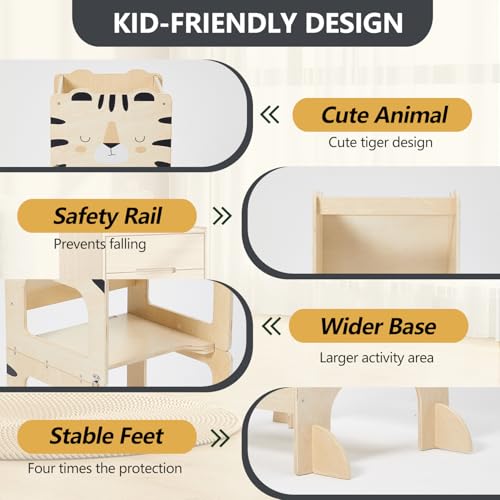 labebe Montessori Tower Children, Multifunctional Montessori Folding Wooden Tower 3 in 1 Learning Tower for Children with Tigers Chalkboard