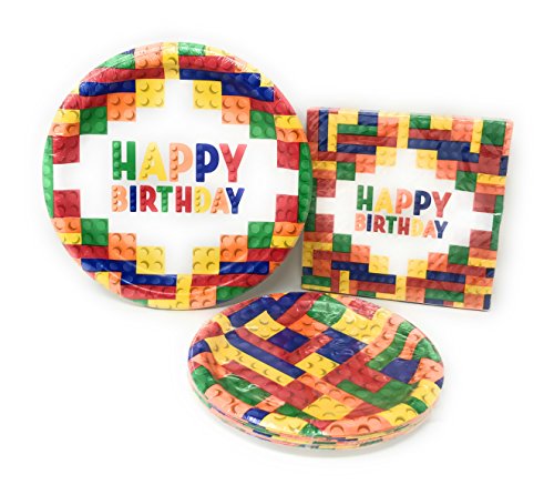 Fun Building Blocks Birthday Party Supply Bundle Includes Lunch / Dinner Plates, Snack / Dessert Plates and Happy Birthday Napkins (Serves