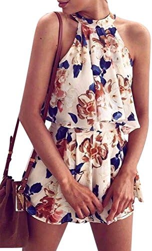 Floral Short Rompers Summer 2 Pieces Outfits Halter Crop Top Shorts Print Jumpsuits Rompers Playsuits (XL)