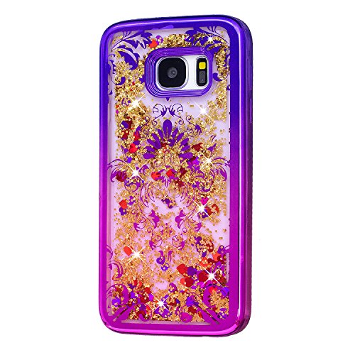 Glitter Liquid Clear Case for Galaxy S7,,Herzzer Luxury [Unique Flower Pattern] Soft Flexible with Electroplated Frame Flowing Sparkle Love Heart Star Crystal Back Case - Thumbnail 2
