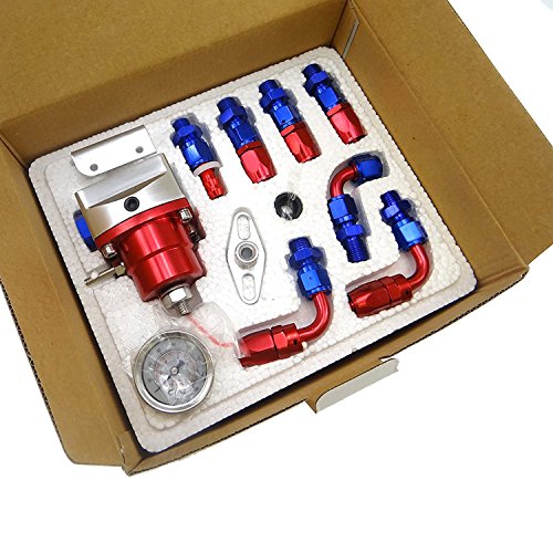 Universal Adjustable EFI Aluminum Fuel Pressure Regulator Kit w/ 60 - 160 Psi Gauge An6 -6an Fuel Line Hose Fittings Red