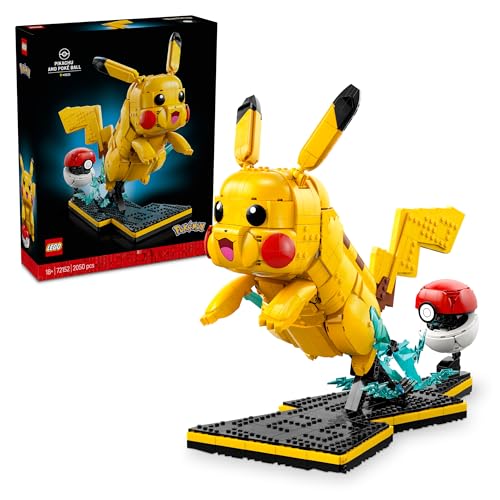 LEGO Pokémon Pikachu und Pokéball - Bauset für Erwachsene - Modellbau mit beweglicher Anime Figur und dynamischem Ständer - DIY Deko für Zimmer oder Schreibtisch - Geschenk für Gaming Fans - 72152