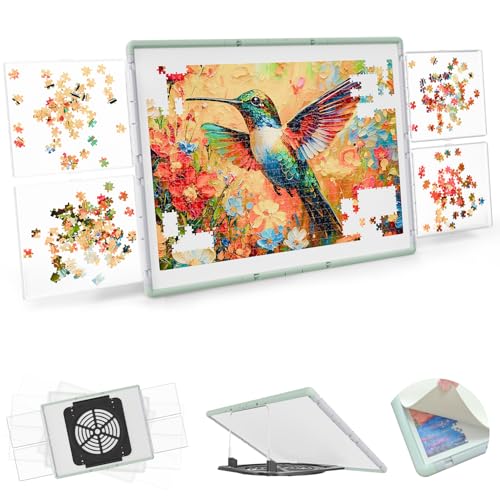 MobiPuzz 1000 Pieces Puzzle Board 3-in-1 Double-Sided & Rotating & Tilting, Plastic Puzzle Table with Sorting Boxes and PVC Cover, Portable Lazy Susan Jigsaw Puzzle Board for Adults, Gray Green