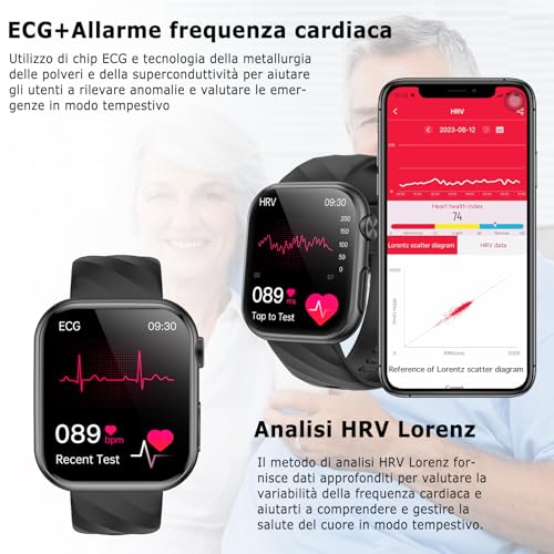 2026 Smartwatch Uomo Donna ECG/Pressione Sanguigna/Cardiofrequenzimetro/Sonno/Acido Urico/Temperatura Corporea/BMI/HRV/Emozioni/Fatica, 1,97" AMOLED Salute Orologio Fitness con Chiamate/Pulsante SOS