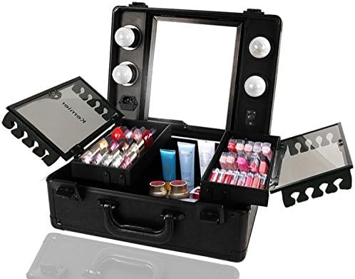 Kemier Makeup Train Case - Cosmetic Organizer Box Makeup Case with Lights and Mirror/Makeup Case with Customized Dividers/Large Makeup Artist Organizer Kit (Black)