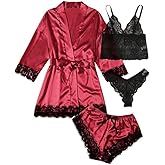 Kunpengzhi Womens Silk Pajamas Robes Set 4PACKS Sexy Pjs Cami Shorts Satin Sleepwear Lace Loungewear (US, Alpha, Small, Regular, Regular, Wine Red)
