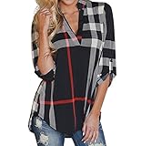Merdoly Women's Blouse Casual Plaid V Neck 3/4 Sleeve T-shirts Pullover Tops
