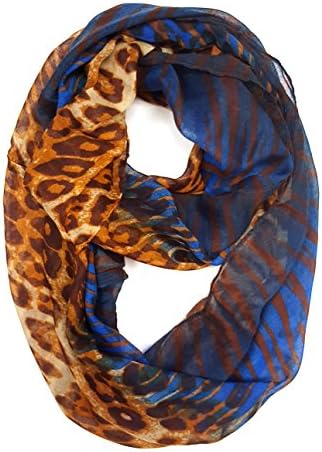 Leopard &amp; Zebra Mix Print Infinity Circle Scarf (Camel/Blue)
