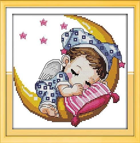 Cross Stitch Kits Embroidery Starter Kit for Kids Adults Beginners DIY Handmade Sewing with Aida Fabric 11CT Stamped Pattern Home Wall Décor – The Moon Baby (Boy)