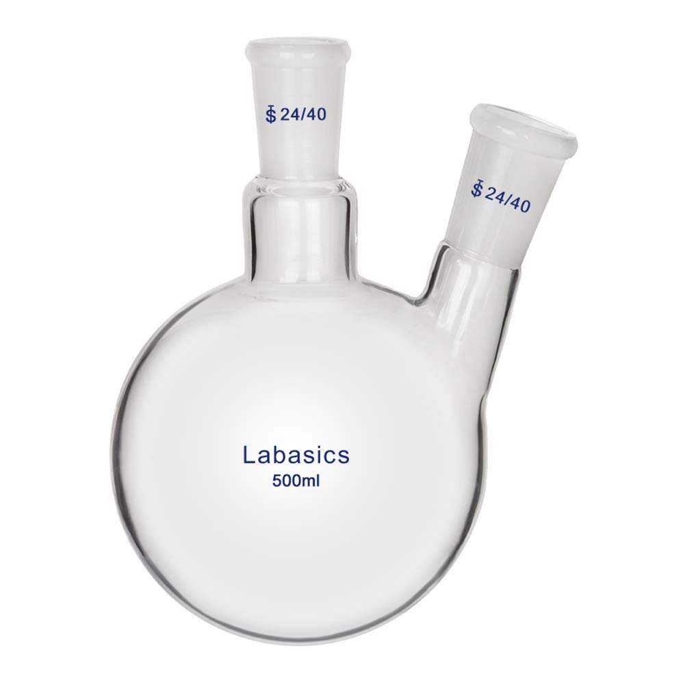 Labasics Glass 500ml 2 Neck Round Bottom Flask RBF, with 24/40 Center and Side Standard Taper Outer Joint, 500ml — image 1