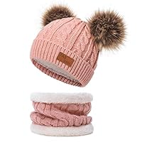 Infant Toddler Winter Hat Scarf Set for Baby Girl Knitted Warm Fleece Lined Skiing Cap Lovely Pompom Kids Beanie 0-24 Months Dark Pink