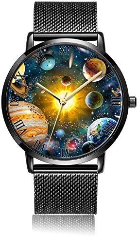 Whiterbunny Customized Solar System Wrist Watch Unisex Analog Quartz Fashion Black Steel Bracelet Wristwatch Women Men