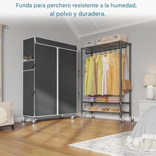 Perchero para Ropa con funda y rudas, Organizador de Metal para Ropa Armario,Perchero de Pie, Closet Organizador, Estante para Balcón, Dormitorio y Lavandería