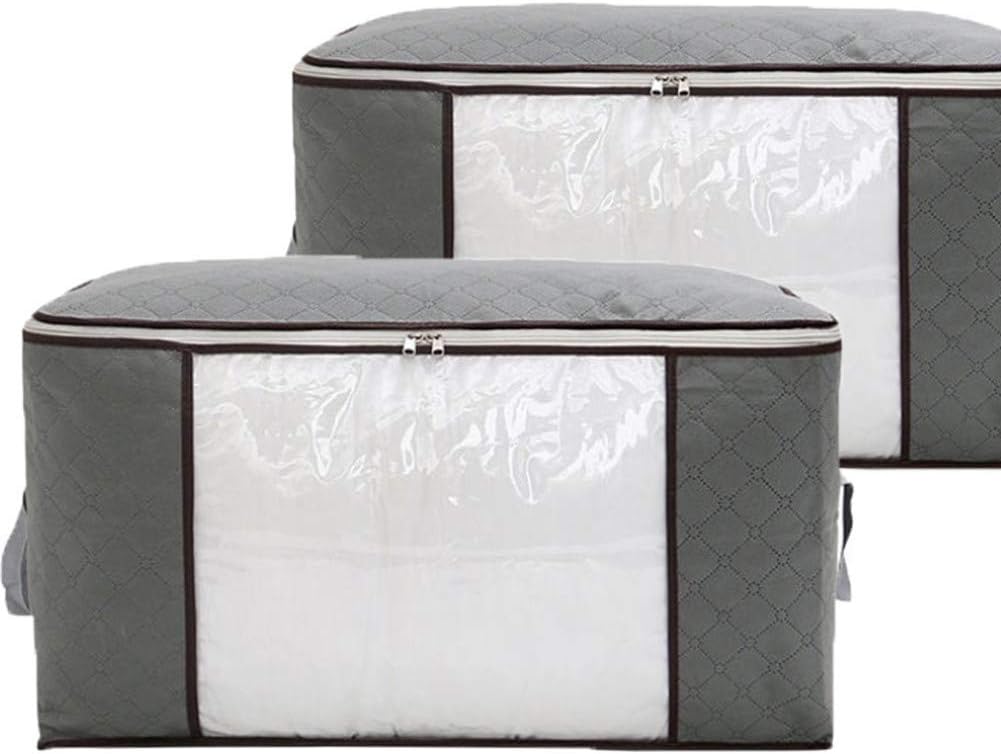 Dewsshine 2 Pack Breathable Closet Storage Blanket Bag Organizers, Foldable Clothing Storage Container Bag Box Case with Handles Clear Window for Blankets Closets, 84L (Grey)