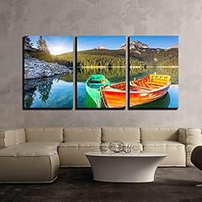 3 Piece Canvas Wall Art - Reflection in Water of Mountain Lakes and Boats - Modern Home Art Stretched and Framed Ready to Hang - 16"x24"x3 Panels