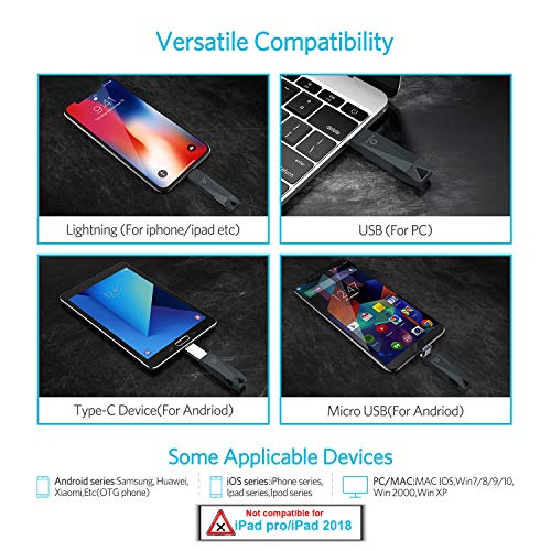 Universal Flash Drive 128 GB, QARFEE USB 3.0 Jump Drive External Storage Memory Stick Pen Flash Drive Compatible for iPhone, iPad, iPod, Mac, iOS/Android Phone and PC, Black-Gray - Thumbnail 5