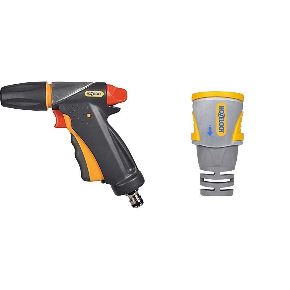 Hozelock Jet Spray Ultramax Gun, Grey/Yellow, 16x10x8 cm & Hose End Connector PRO (12.5mm & 15mm)