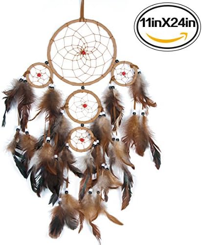 Luropa Handmade Dream Catcher, Brown Feather Beaded and Large Diameter Khaki Circle for Hanging Decor 6.3" Diameter x 24" Long