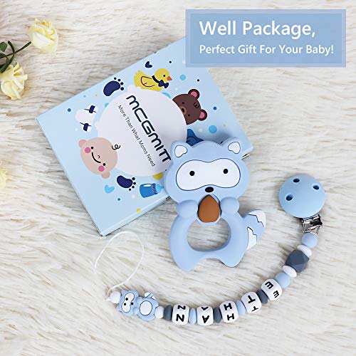 Pacifier Clip Personalized Name with Raccoon Teether, MCGMITT Customized Binky Holder Teething Silicone Beads for Baby Girls Boys (Blue)