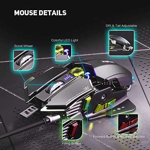 INPHIC RGB Gaming Mouse 7200 dpi PC USB con Cable Ratones MMO Computer Pro Gamer Mouse con 12 Botones programables, 10 Modos RGB, Pesas Ajustables, dpi de 6 palancas y LED Visible, Negro