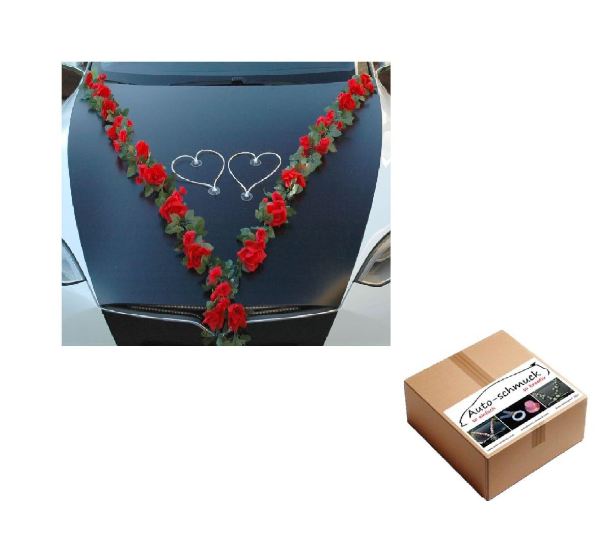 Auto-schmuck so einfach so kreativ VIP Garland 30 Azaleas 30 Roses 18 Extra Strong Suction Cups 2 x 180 cm Garland 4 Door Handle Decorations 2 Rattan Hearts Bride Couple Car Decoration (Red 2)